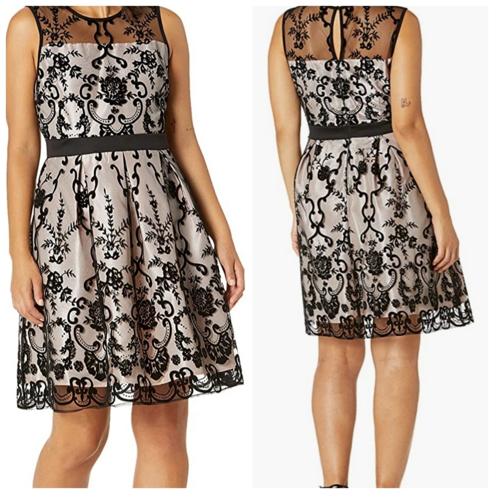 Gabby Skye Sleeveless Floral Printed Velvet Mesh Fit and Flare Party Dress